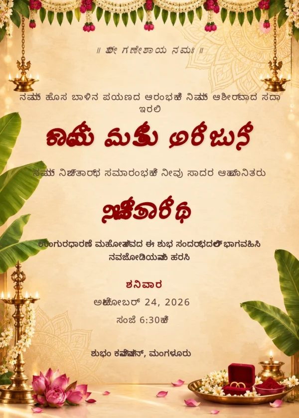 Saffron Banana Leaf Kannada Nischitartham Card — Engagement invitation card template