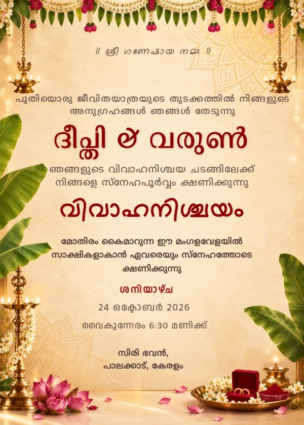 Banana Leaf Gold Malayalam Nischayam Card — Engagement invitation card template