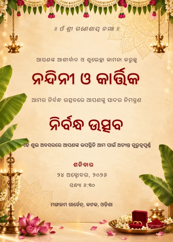 Golden Diya Odia Nirbandha Card — Engagement invitation card template