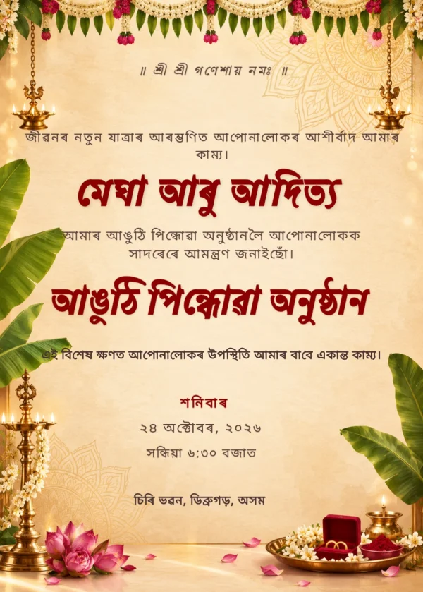 Red Gold Assamese Engagement Ceremony Card — Engagement invitation card template