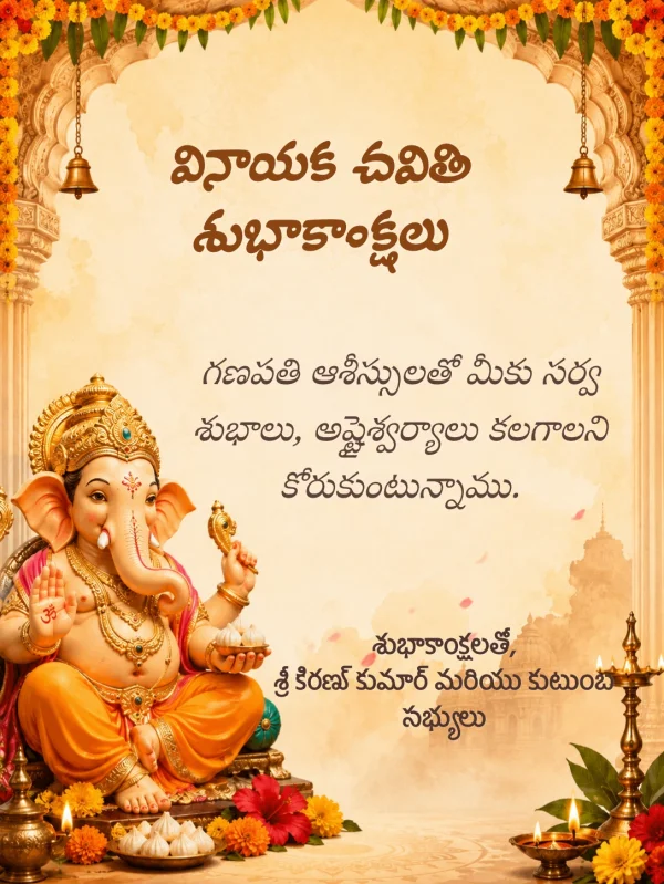 Marigold Gold Telugu Ganesh Chaturthi Card — Ganesh Chaturthi invitation card template