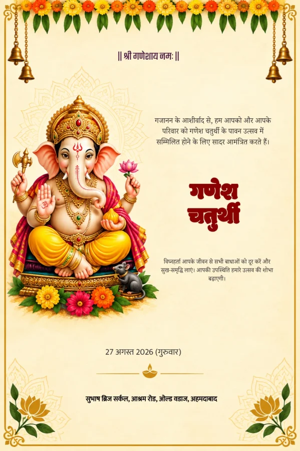 Marigold Ganesha Hindi Chaturthi Card — Ganesh Chaturthi invitation card template