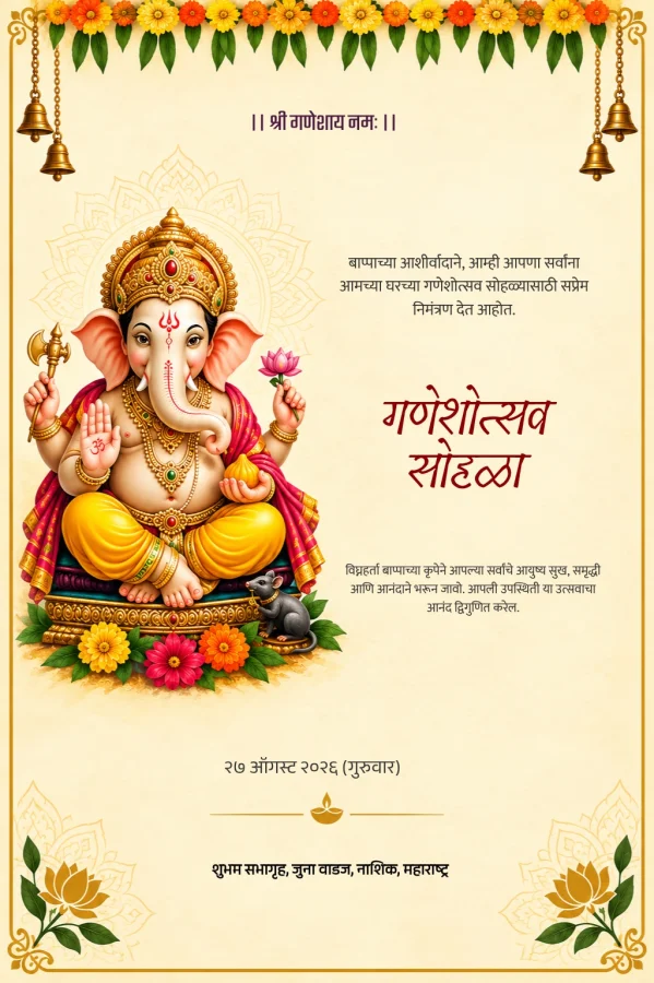 Saffron Lotus Marathi Ganesh Chaturthi Card — Ganesh Chaturthi invitation card template