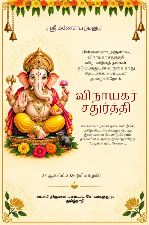 Marigold Ganesha Tamil Ganesh Chaturthi Card — Ganesh Chaturthi invitation card template