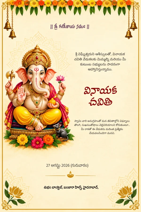 Marigold Ganesha Telugu Ganesh Chaturthi Card — Ganesh Chaturthi invitation card template