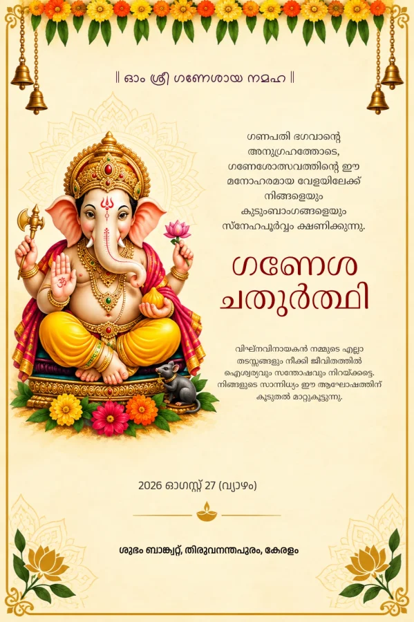 Marigold Ganesha Malayalam Ganesh Chaturthi Card — Ganesh Chaturthi invitation card template
