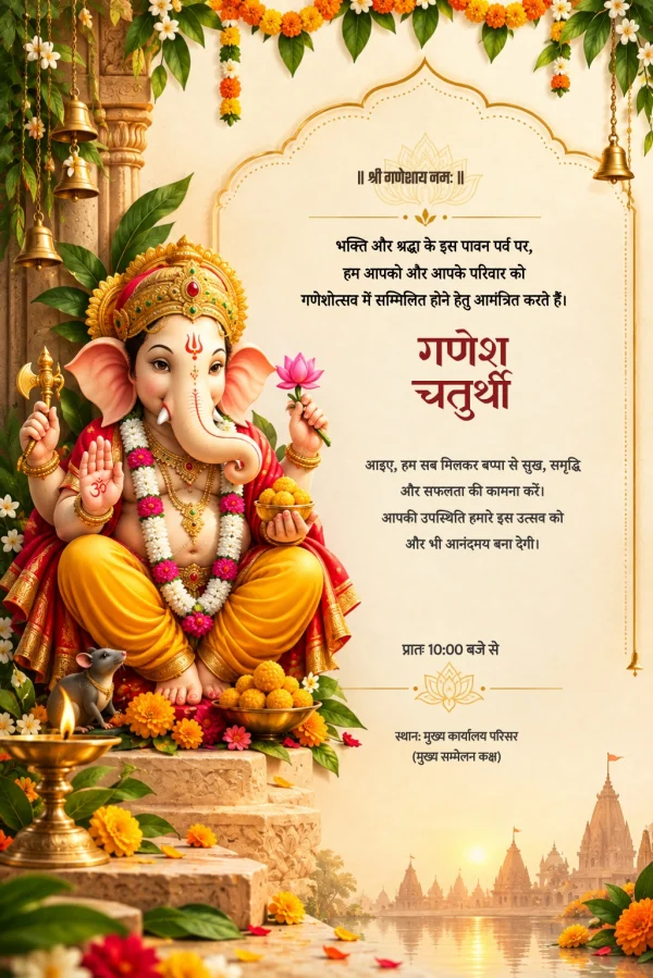 Marigold Ganesha Hindi Ganesh Chaturthi Card — Ganesh Chaturthi invitation card template
