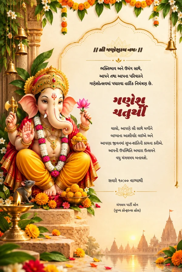 Marigold Ganesha Gujarati Ganesh Chaturthi Card — Ganesh Chaturthi invitation card template