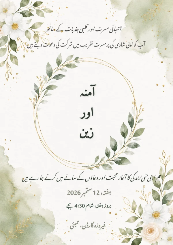 Ivory Gold Floral Urdu Wedding Card — Wedding invitation card template