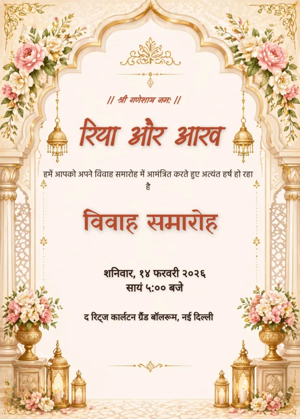 Royal Floral Hindi Wedding Card — Wedding invitation card template