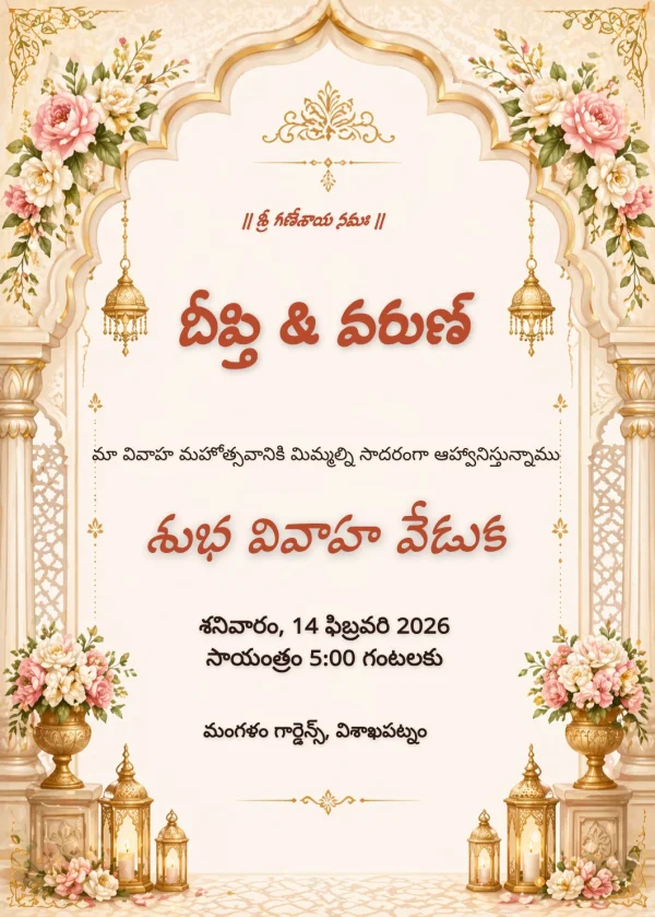 Gold Floral Telugu Wedding Card — Wedding invitation card template