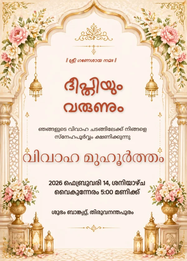 Gold Floral Malayalam Wedding Card — Wedding invitation card template