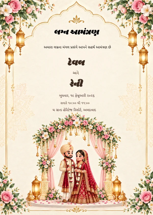 Floral Lantern Gujarati Wedding Card — Wedding invitation card template
