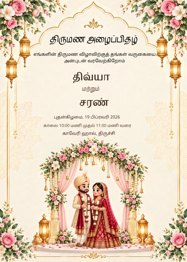 Floral Lantern Tamil Wedding Card — Wedding invitation card template