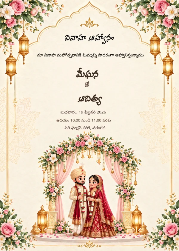 Floral Gold Telugu Wedding Card — Wedding invitation card template