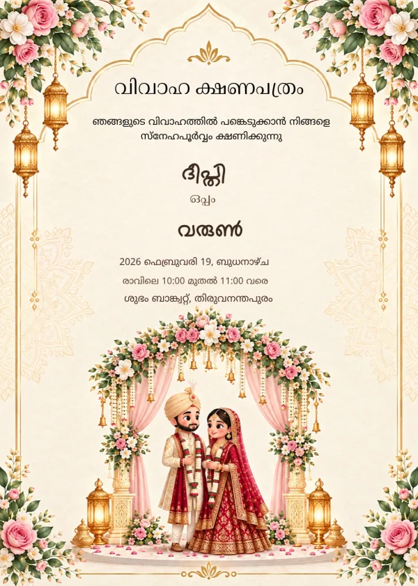 Gold Floral Malayalam Wedding Card — Wedding invitation card template