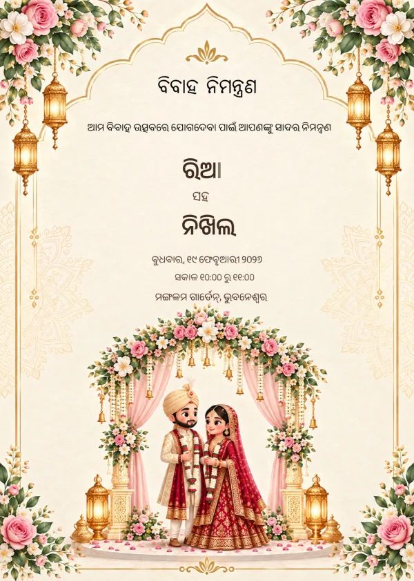 Floral Gold Odia Wedding Card — Wedding invitation card template