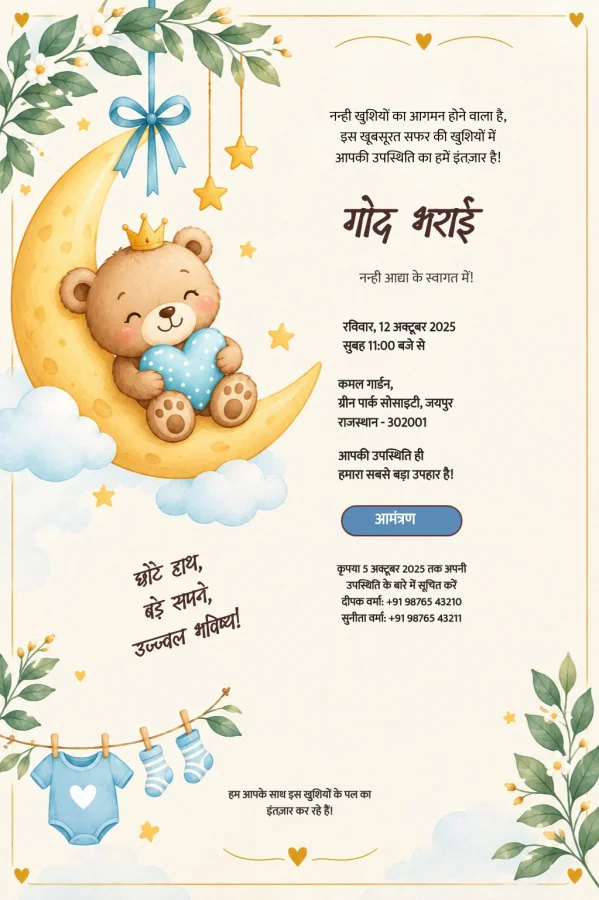 Teddy Moon Hindi Baby Shower Card — Baby Shower invitation card template