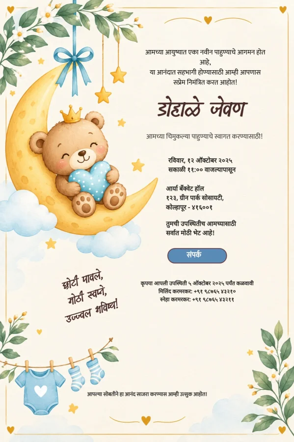 Moon Bear Marathi Baby Shower Card — Baby Shower invitation card template
