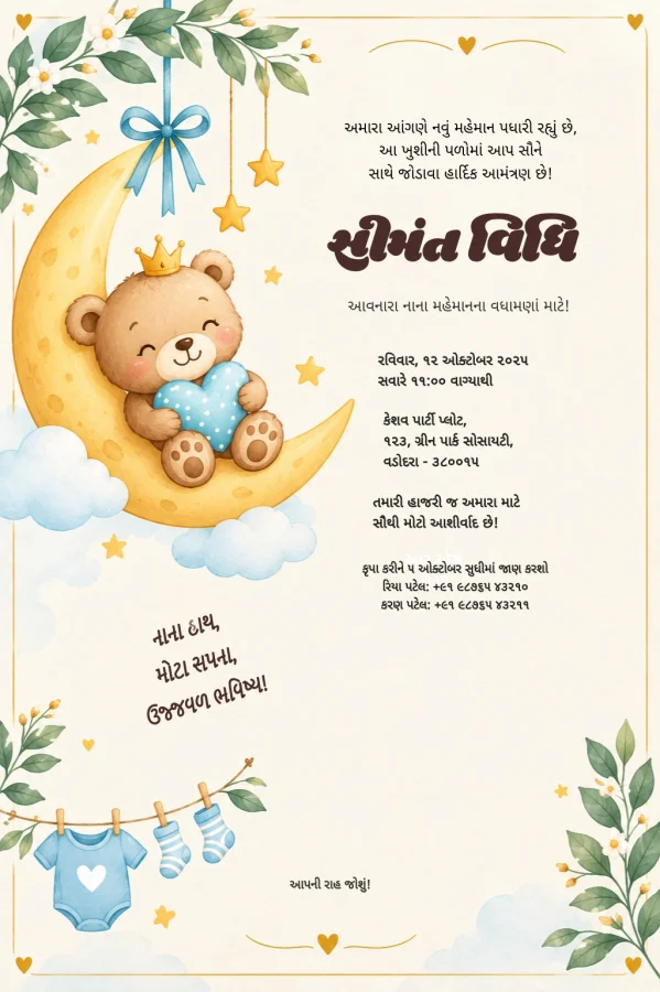 Moon Bear Gujarati Baby Shower Card — Baby Shower invitation card template