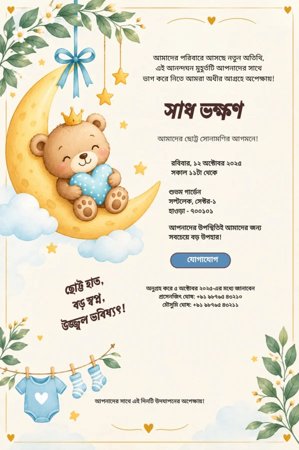 Gold Moon Bengali Baby Shower Card — Baby Shower invitation card template