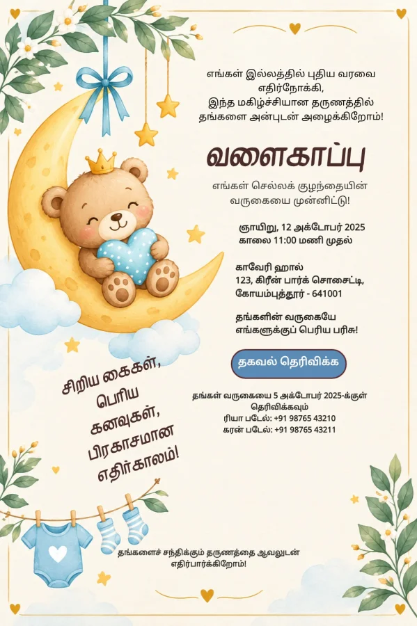 Teddy Moon Tamil Baby Shower Card — Baby Shower invitation card template