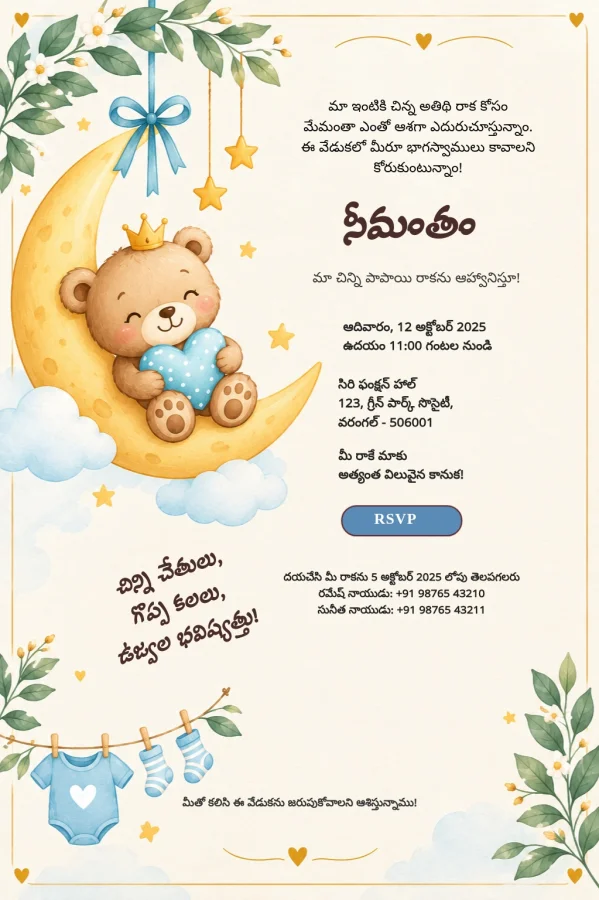 Moon Bear Telugu Baby Shower Card — Baby Shower invitation card template