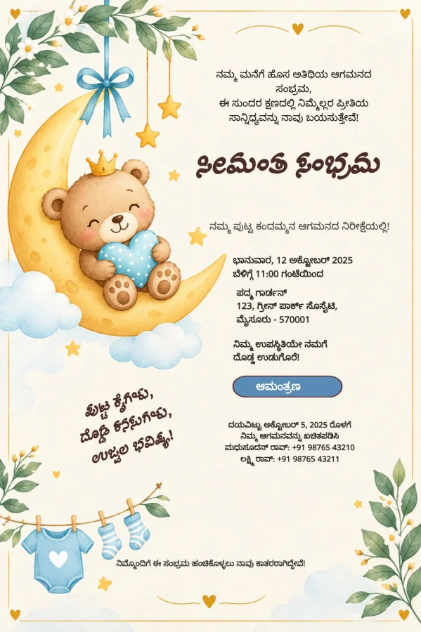 Moon Bear Kannada Baby Shower Card — Baby Shower invitation card template