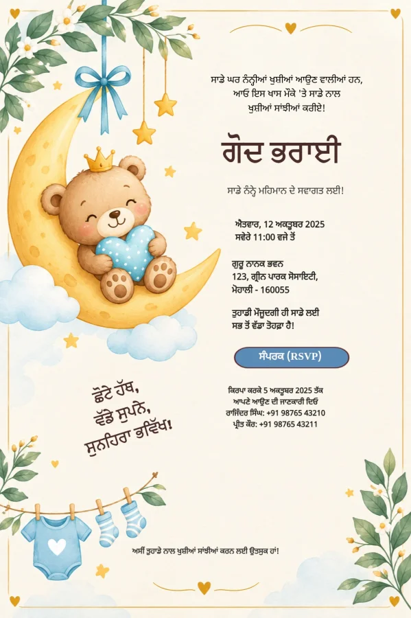 Teddy Bear Punjabi Baby Shower Card — Baby Shower invitation card template