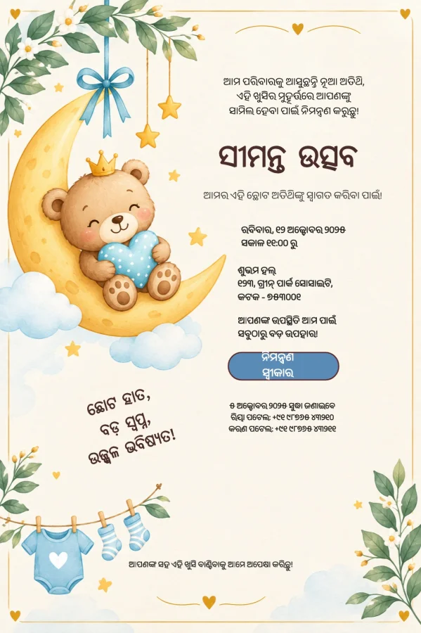 Watercolor Moon Odia Baby Shower Card — Baby Shower invitation card template