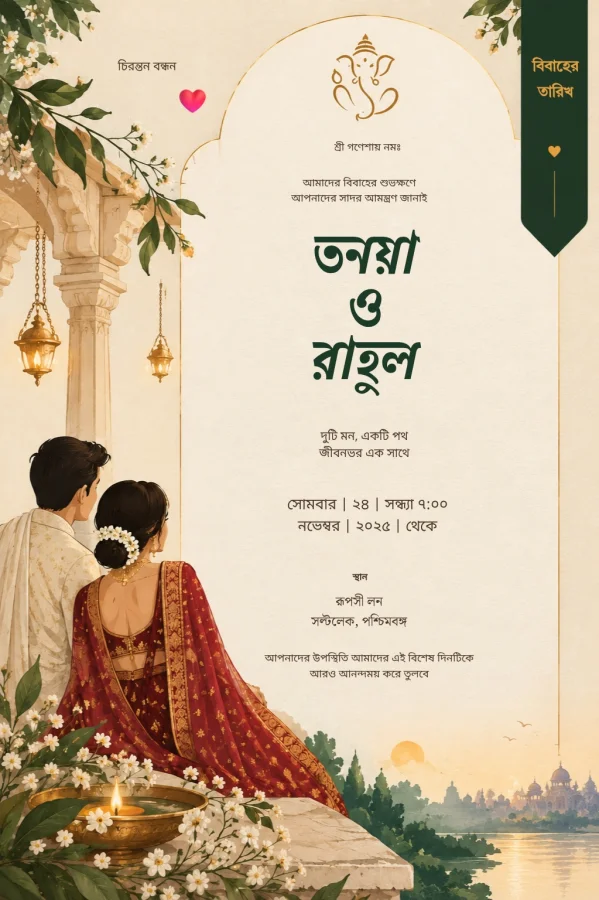 Gold Temple Bengali Wedding Card — Wedding invitation card template