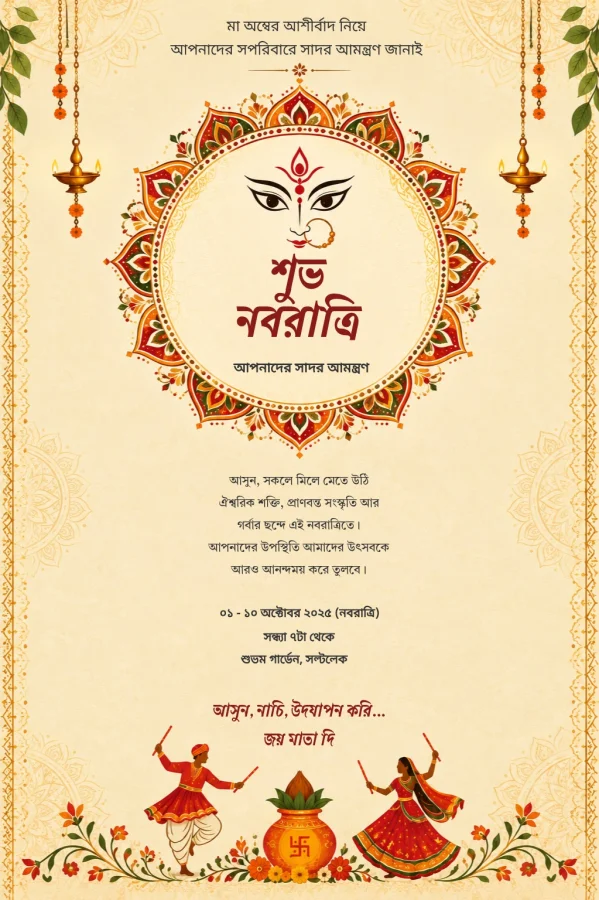 Floral Mandala Bengali Navratri Invitation Card — Navratri invitation card template