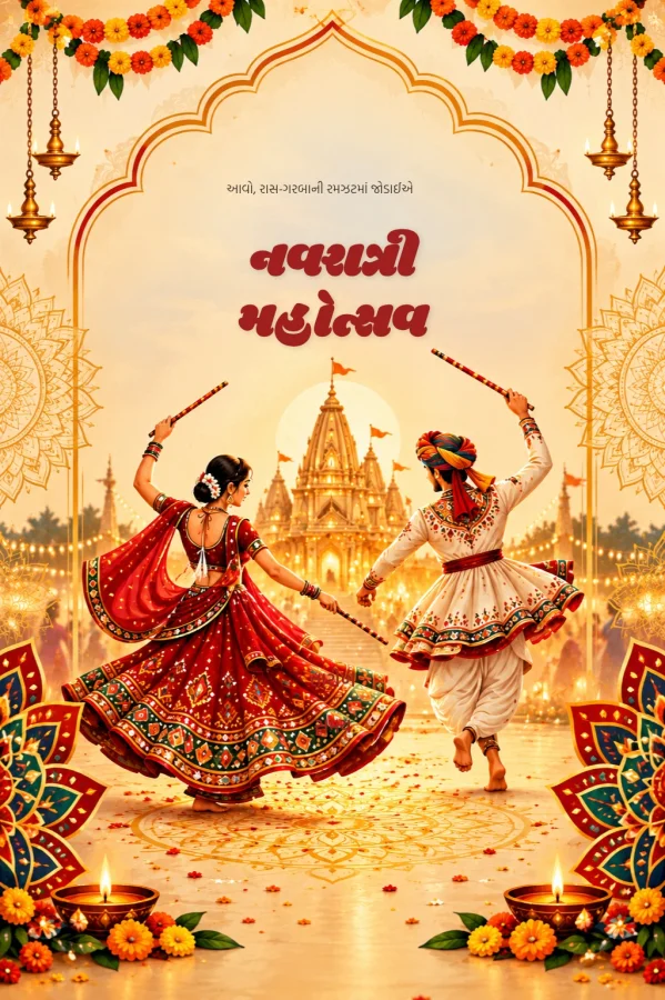 Vibrant Floral Gujarati Navratri Card — Navratri invitation card template