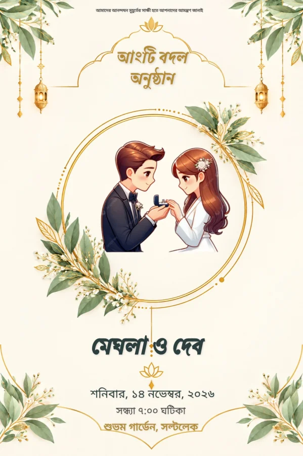 Gold Floral Bengali Ring Ceremony Card — Ring Ceremony invitation card template