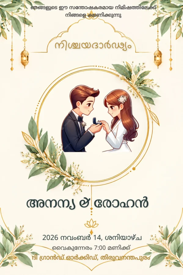 Gold Floral Malayalam Ring Ceremony Card — Ring Ceremony invitation card template