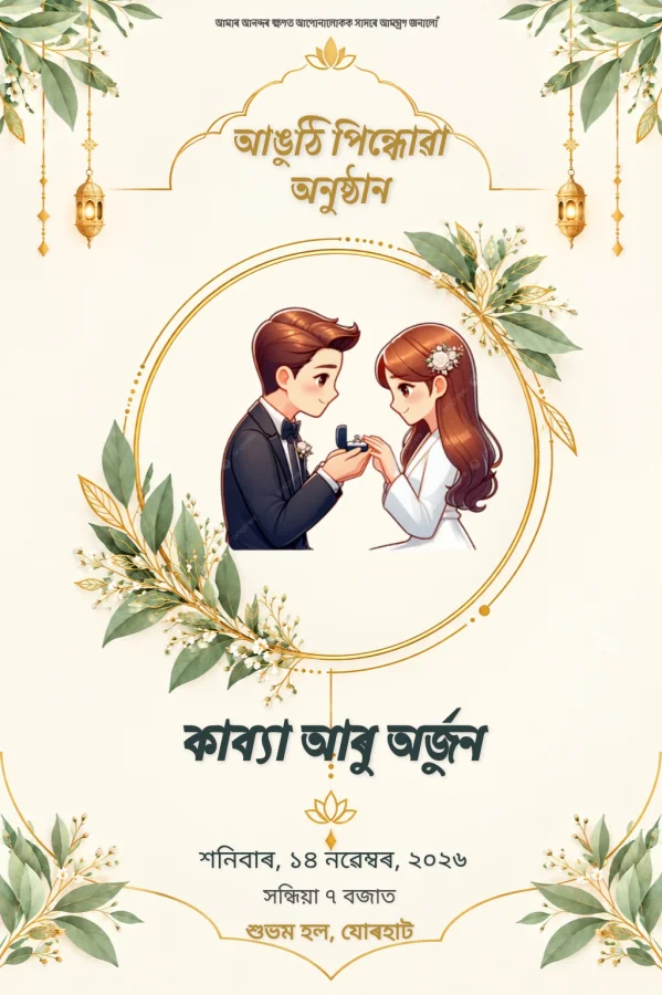 Gold Floral Assamese Ring Ceremony Card — Ring Ceremony invitation card template